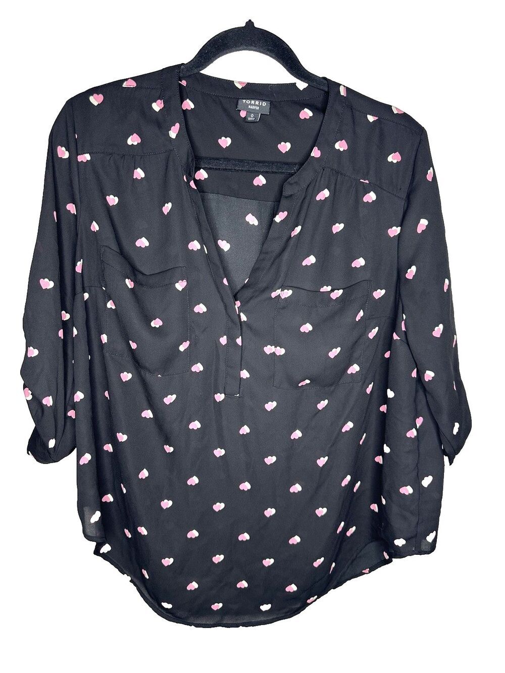 Torrid Shirt Womens Large Heart Print Split Neck 3/4 Sleeve Blouse Black Harper